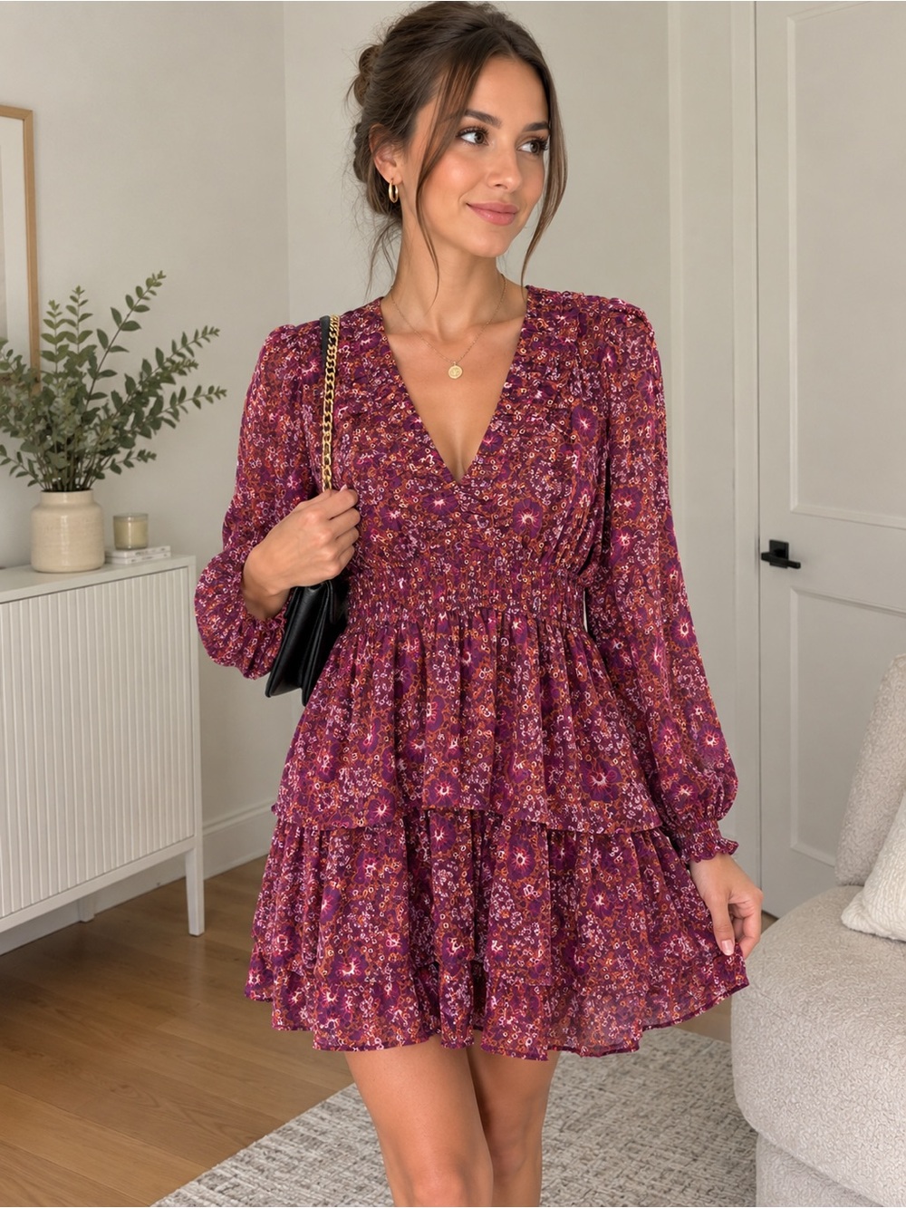 HOUSE of harlow Tiered V-Neck Mini Dress in Burgundy